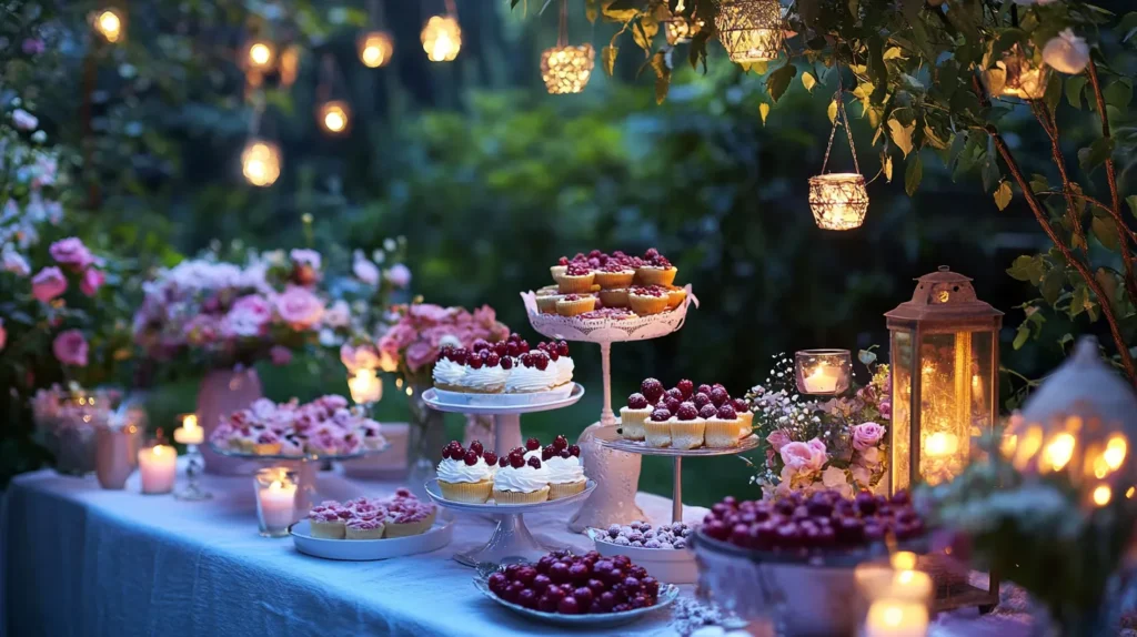 A fairy-themed garden party setup with pastel decorations and glowing lanterns.