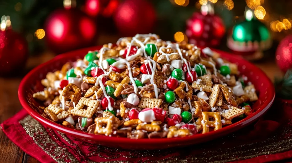 Holiday-themed Sweet Chex Mix with red and green candies