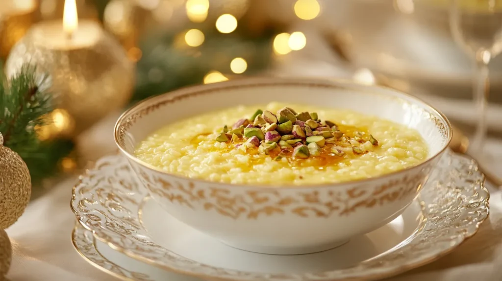 A bowl of saffron rice pudding topped with pistachios.