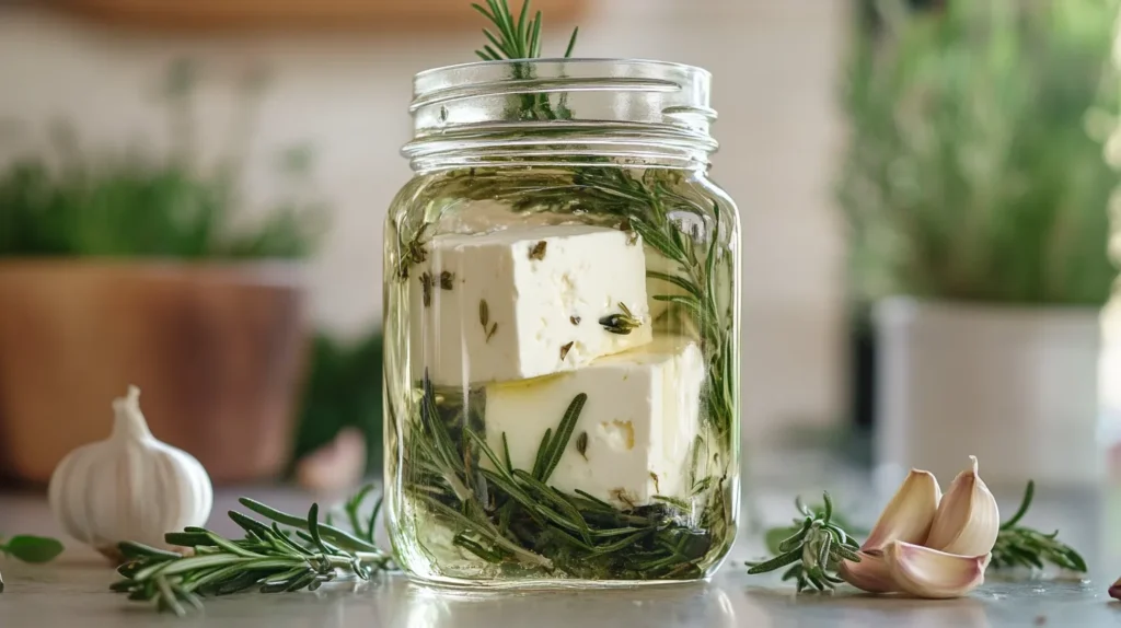 A block of feta cheese submerged in a glass jar of brine