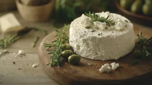 Crumbly feta cheese on a wooden board with fresh herbs and olives