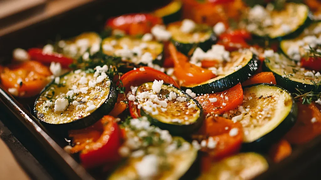 Feta cheese crumbled over roasted vegetables in a tray