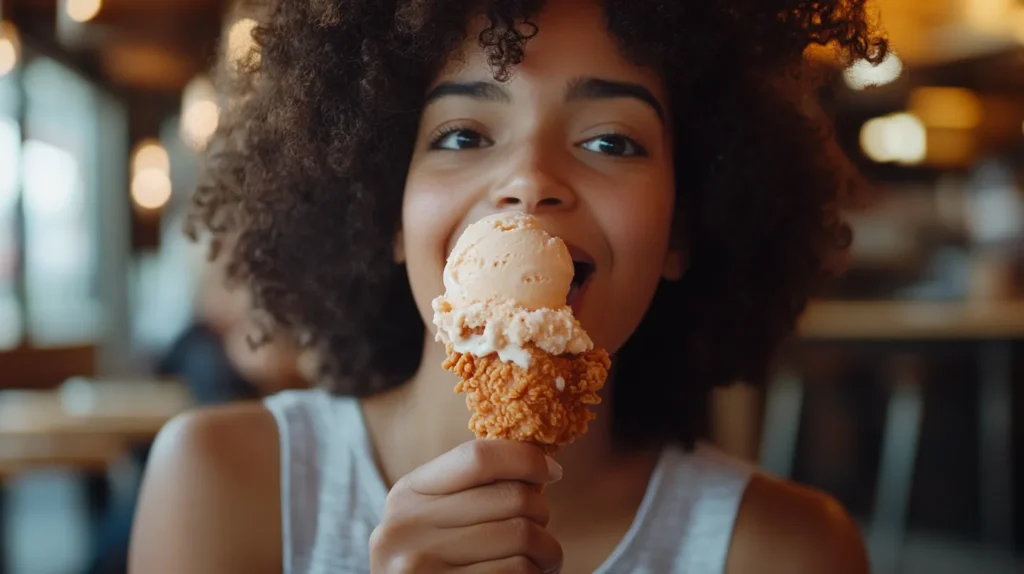 A person holding fried chicken ice cream, taking a bite with a surprised expression.