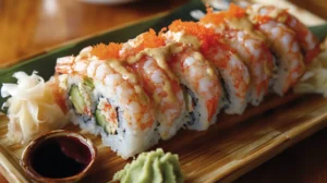 A freshly made Boston Roll sushi with shrimp, avocado, and rice.