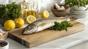 Whole branzino fish on a cutting board with lemons and parsley.