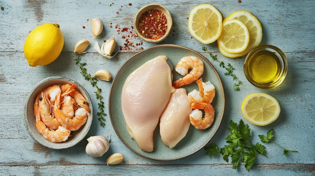 Fresh chicken, shrimp, spices, and herbs on a rustic countertop.