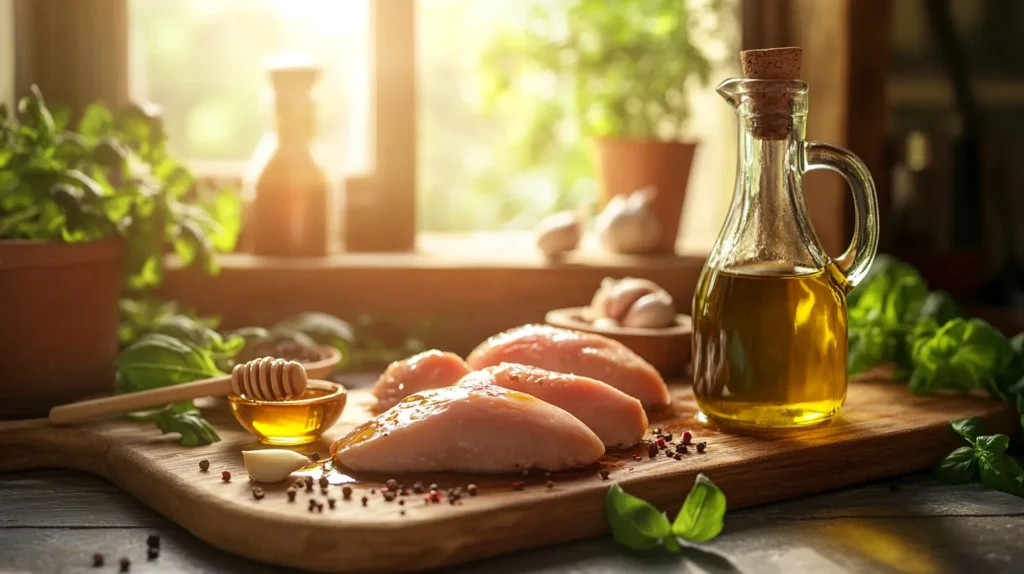 Fresh ingredients for balsamic chicken recipe on a wooden cutting board.