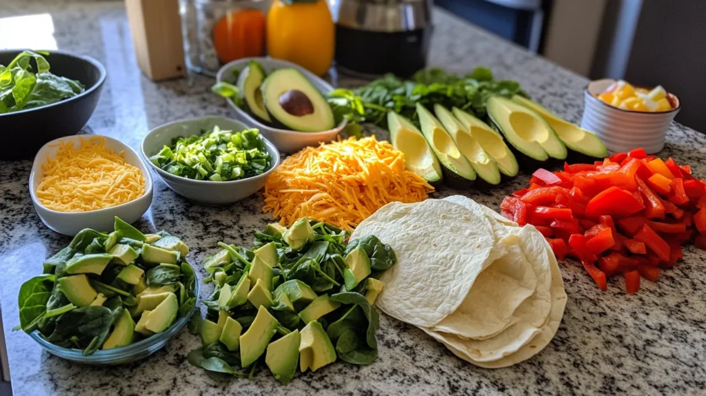 Fresh ingredients for a healthy breakfast burrito on a kitchen counter
Title: Fresh Ingredients for Breakfast Burrito