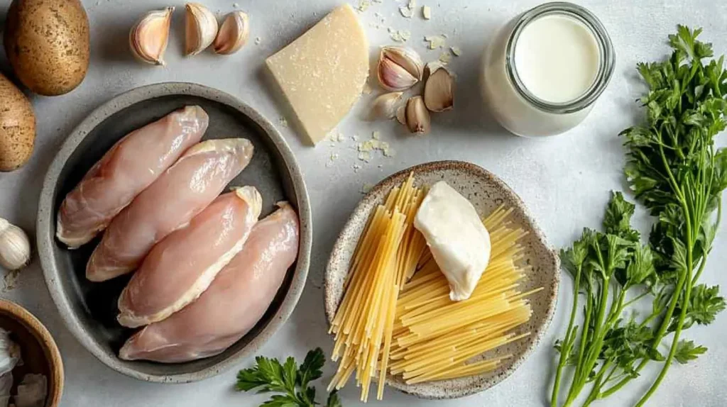 Fresh ingredients for garlic parmesan chicken pasta laid out on a countertop