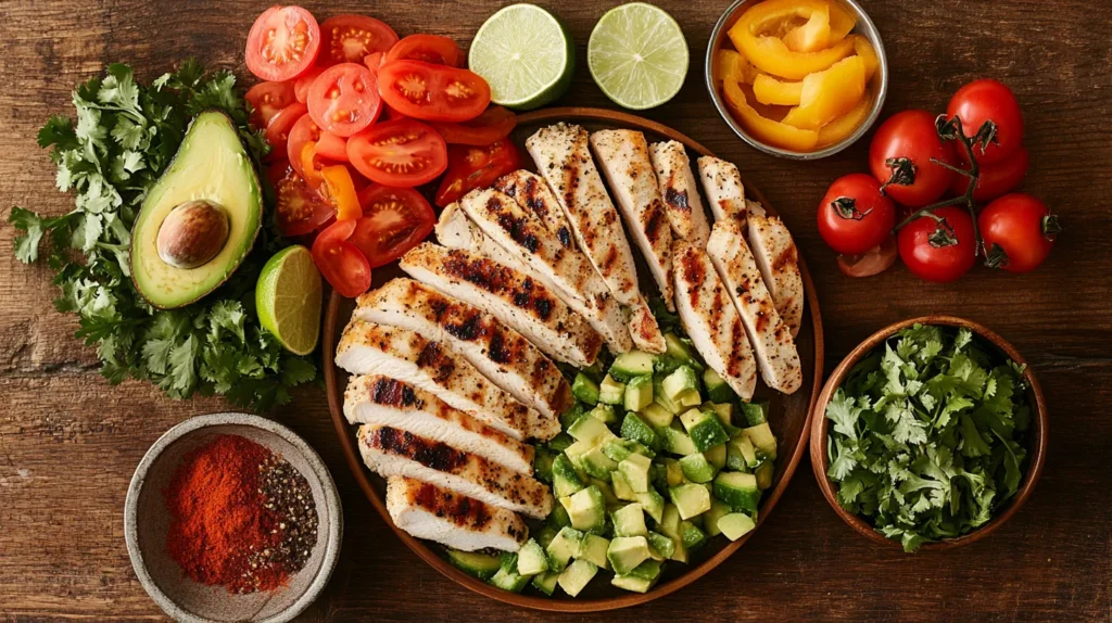 Fresh ingredients for Mexican chicken salad on a wooden table