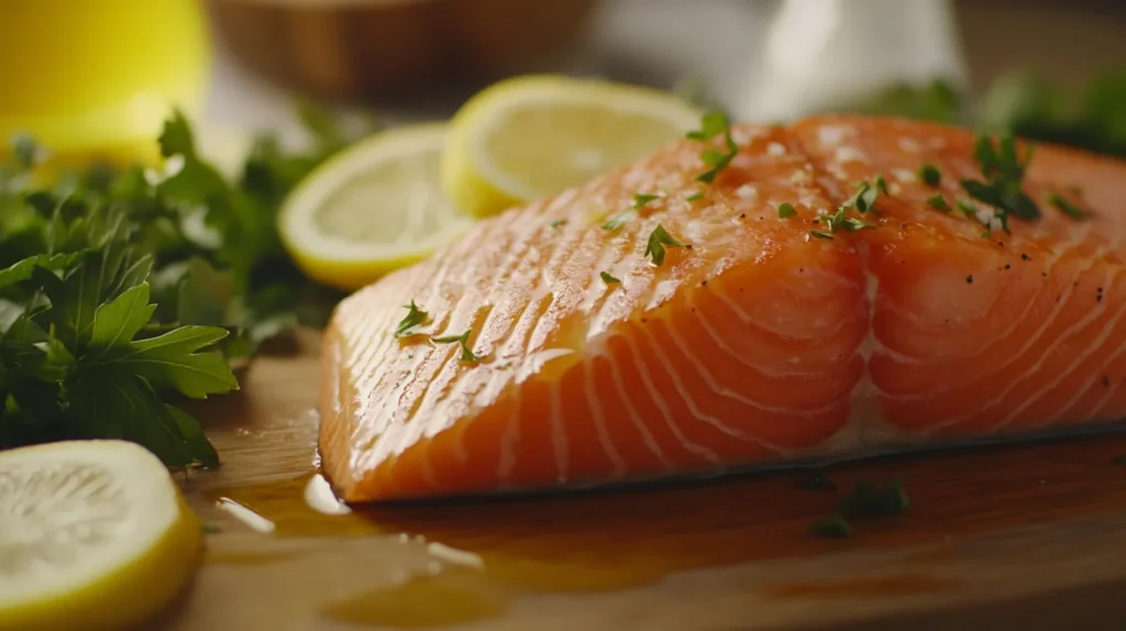 A close-up of salmon fillet and fresh ingredients, including herbs, lemon, and olive oil.
