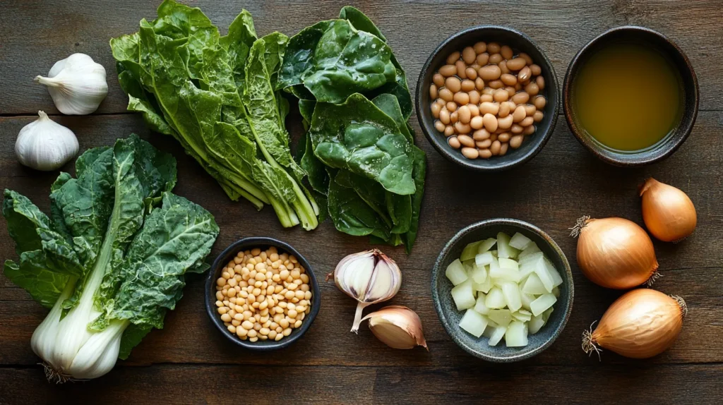 Fresh ingredients like leafy greens, beans, onions, garlic, and broth