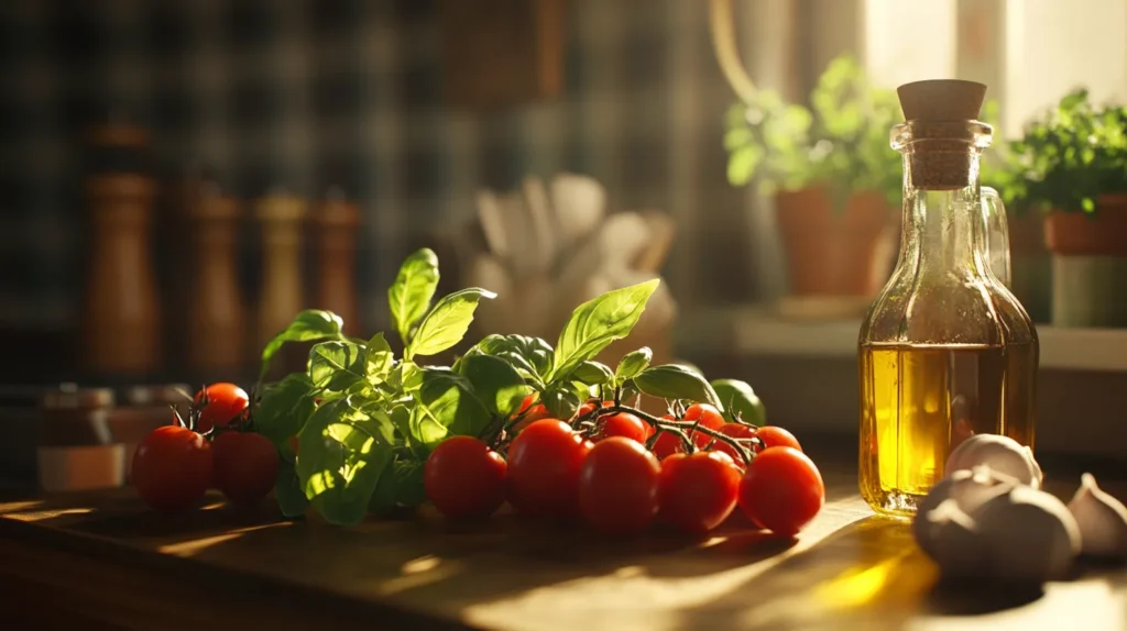 Fresh ingredients for making pasta, including tomatoes, basil, garlic, and olive oil.