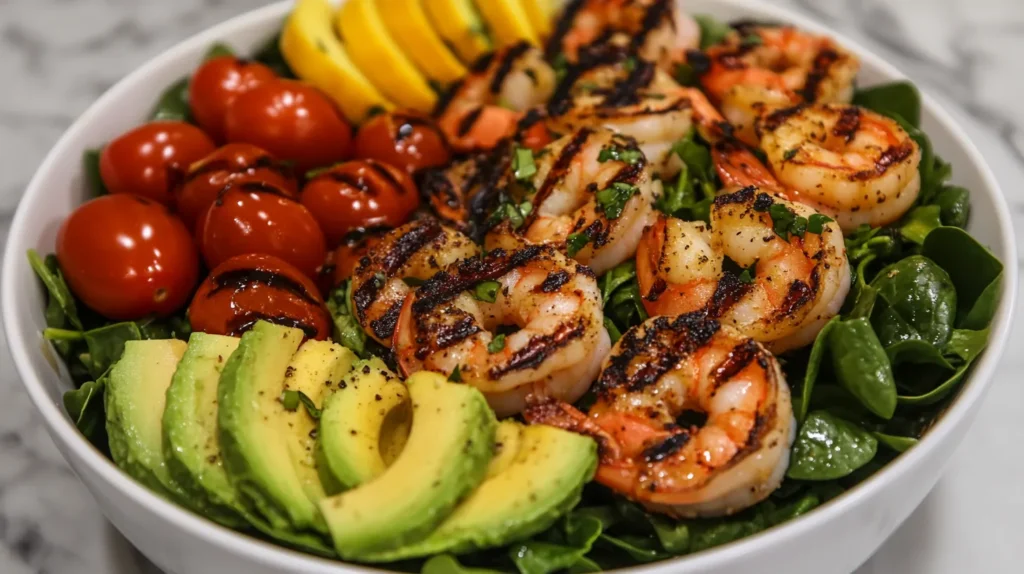 A vibrant shrimp salad with baby spinach, cherry tomatoes, avocado, and a light vinaigrette drizzle.