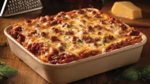 Freshly baked Barilla lasagna in a casserole dish with golden cheese topping