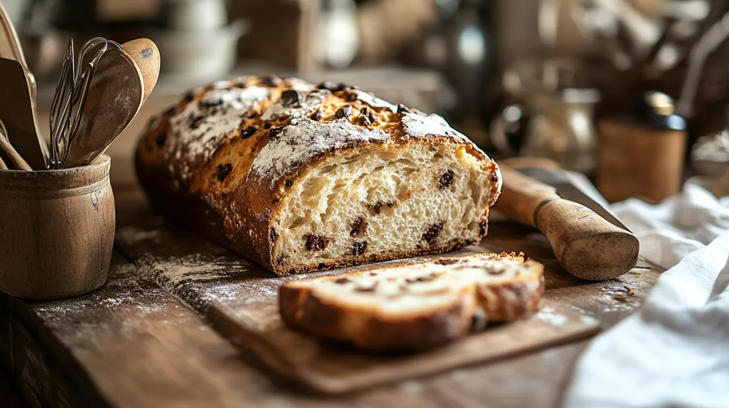 A freshly baked loaf of bread with chocolate chips, sliced and displayed on a wooden board.