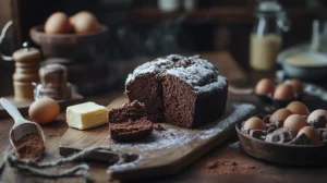 Freshly baked chocolate pound cake on a rustic wooden board.