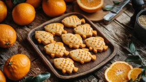 Freshly baked orange fish cookies on a rustic tray