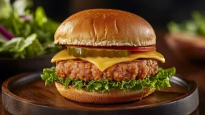 A close-up of a freshly cooked tuna burger with golden, crispy edges served on a toasted bun with lettuce and tomato.