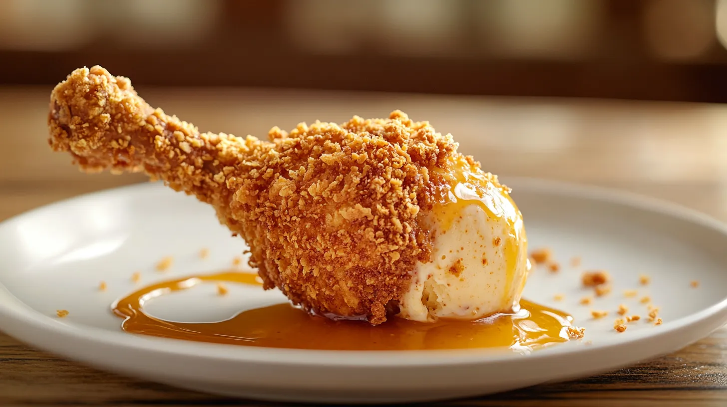 Fried chicken ice cream served on a plate with crispy coating and honey drizzle.