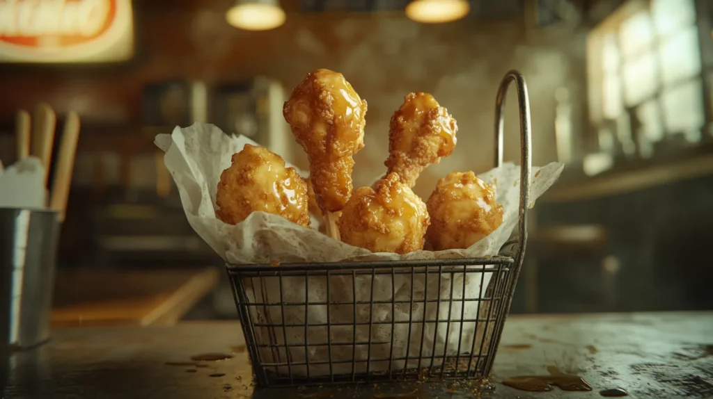 A serving of fried chicken ice cream shaped like drumsticks, served in a basket lined with parchment paper.