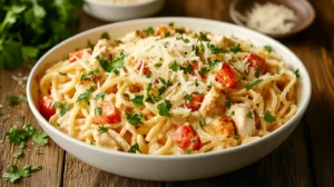 Creamy garlic parmesan chicken pasta served with parsley garnish