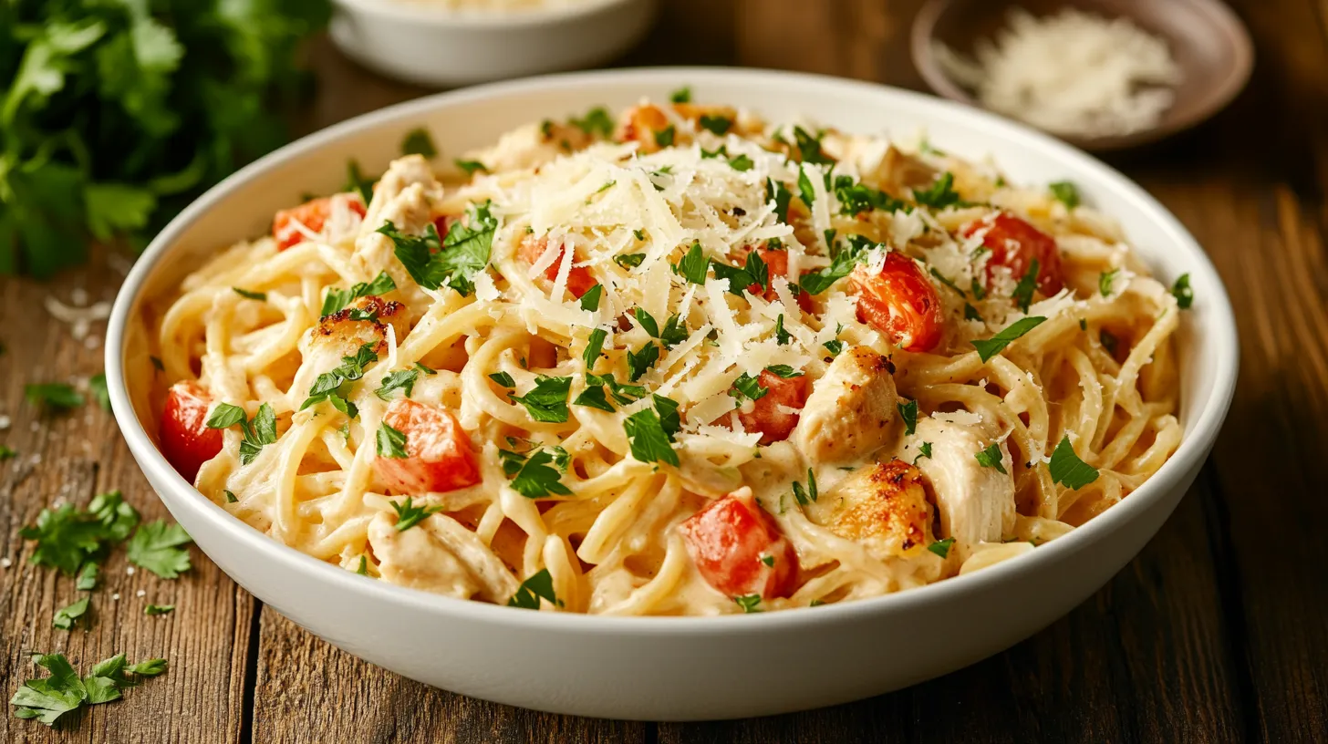 Creamy garlic parmesan chicken pasta served with parsley garnish