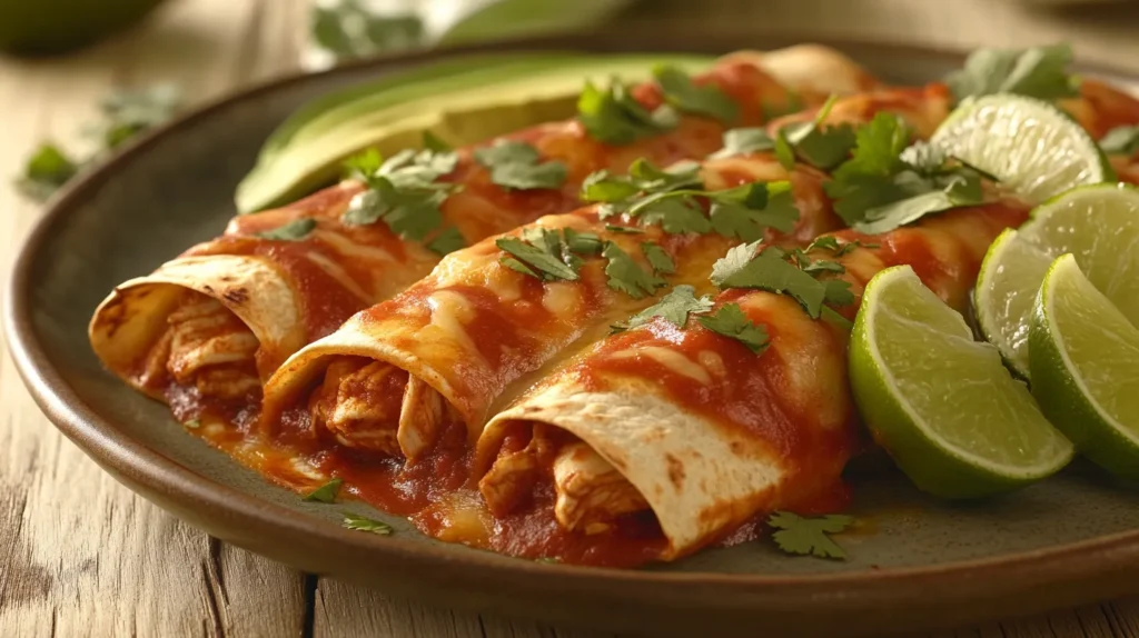 Chicken enchiladas served with avocado slices and a side of lime