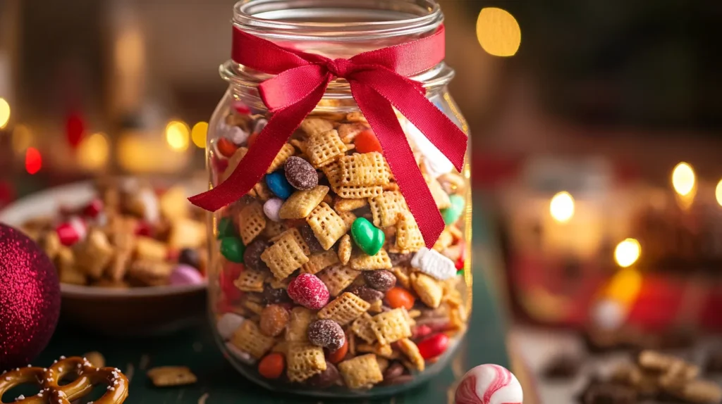 Sweet Chex Mix packaged in a mason jar with ribbon