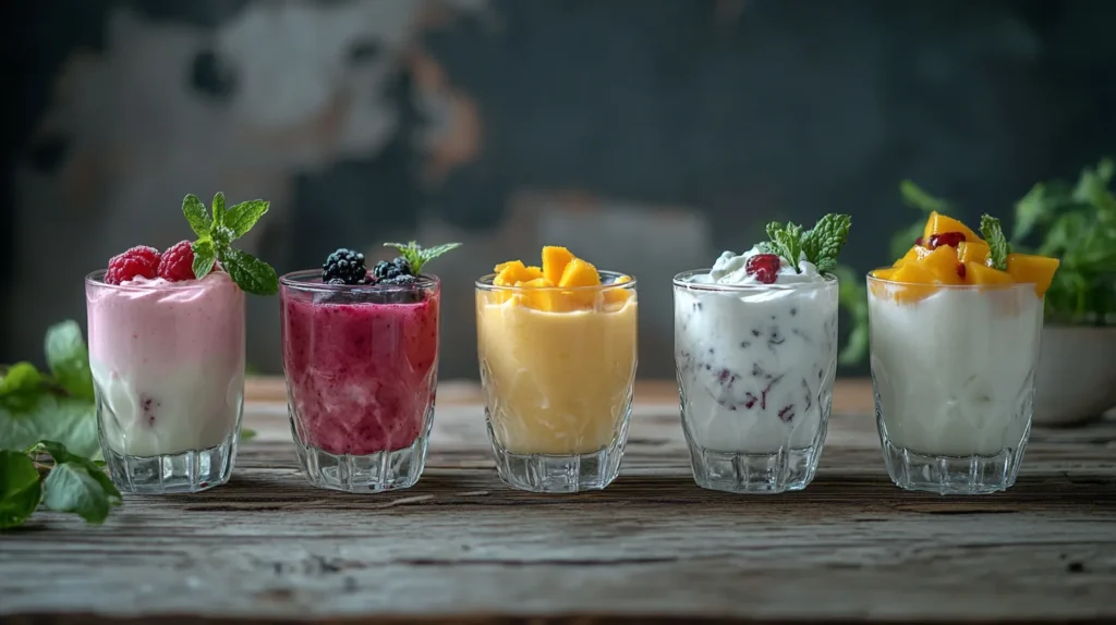 Four global variations of cold yogurt drinks on a wooden table