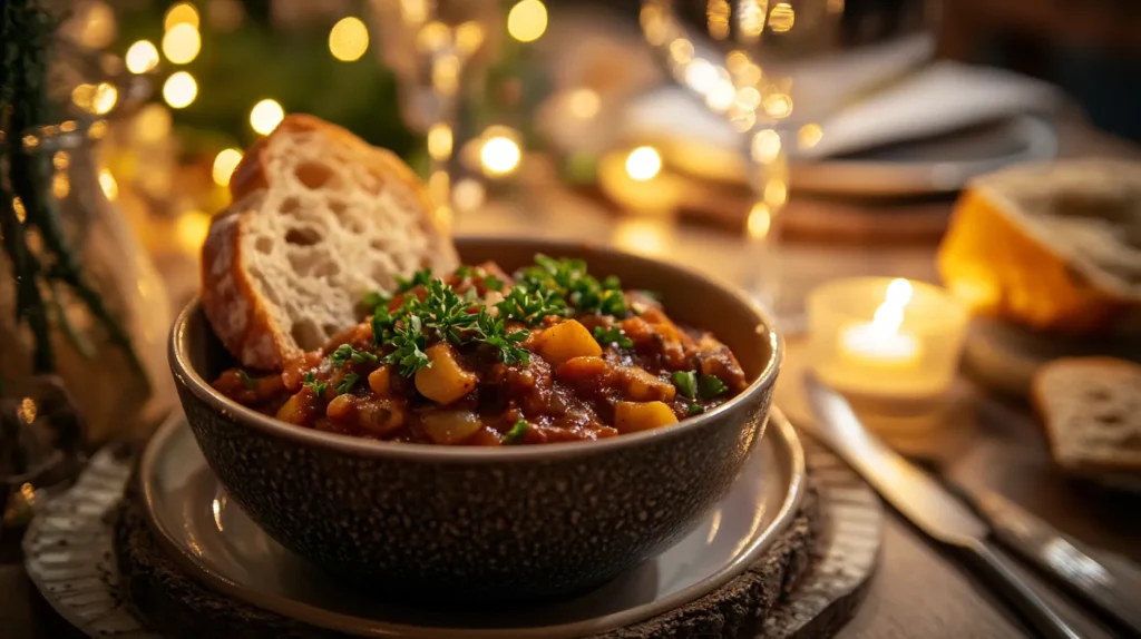 Goulash served with crusty bread and wine.