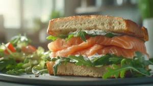 A gourmet salmon sandwich on ciabatta bread, garnished with dill and served with a side salad.