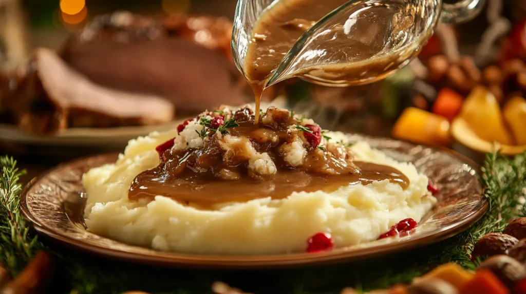 Gravy being poured onto mashed potatoes on a dinner plate.