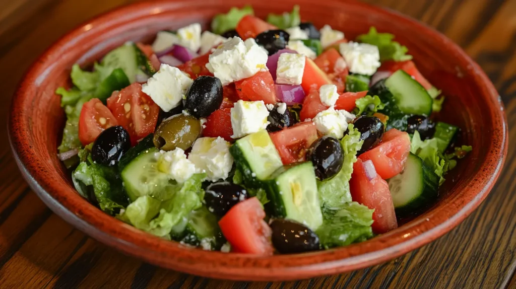 Greek salad with feta cheese, cucumbers, tomatoes, and olives