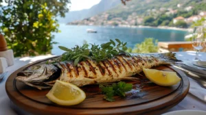 Freshly grilled branzino with crispy skin served with lemon wedges and herbs.