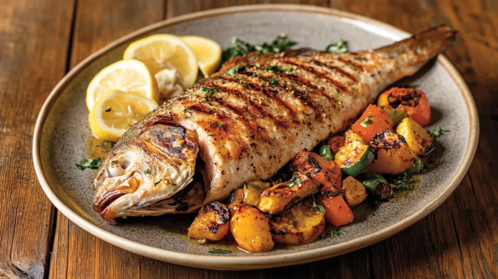 Grilled branzino served with lemon and vegetables