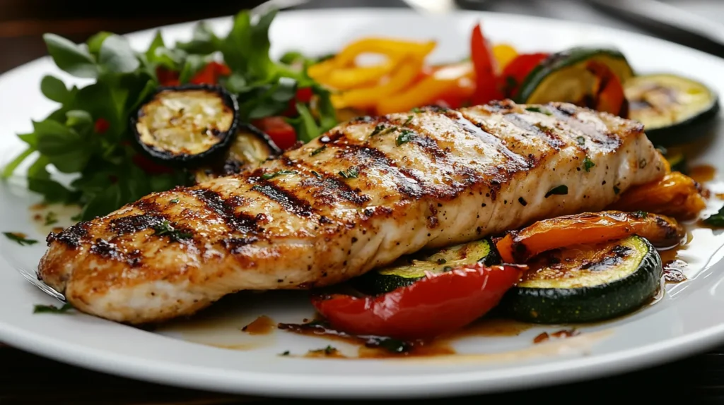  Grilled branzino fillet served with roasted vegetables and a fresh salad.