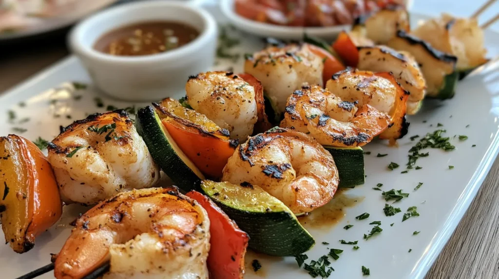 Grilled chicken and shrimp kabobs with vegetables.