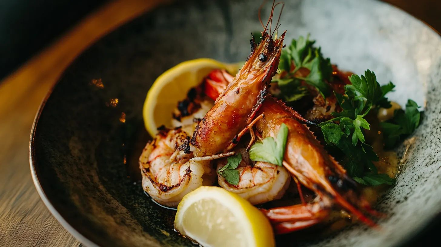 A beautifully plated shrimp dish with grilled shrimp, lemon wedges, and fresh herbs on a rustic wooden table.