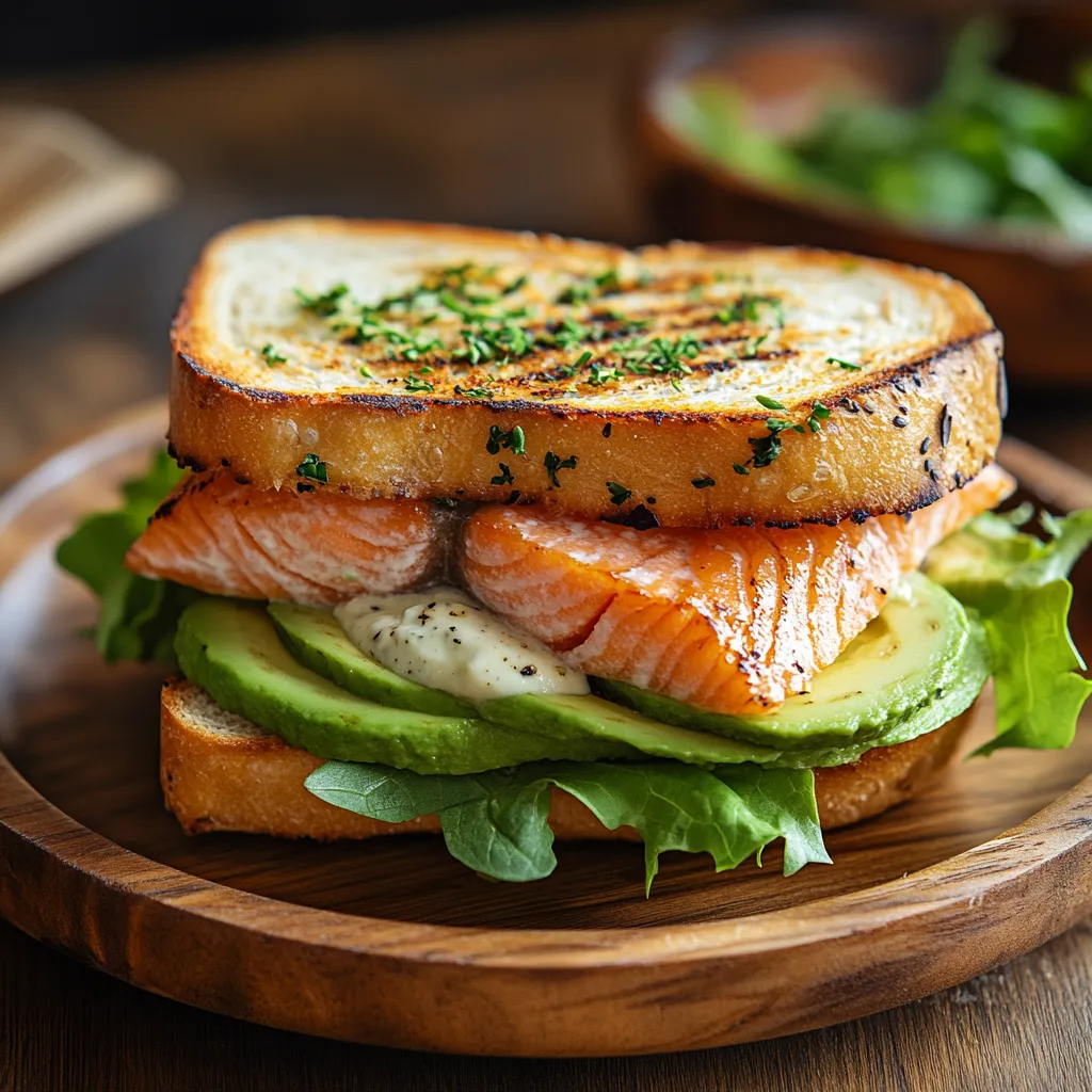  Grilled salmon sandwich with avocado slices on ciabatta bread.