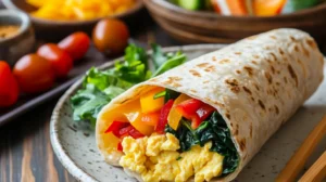 A delicious and colorful healthy breakfast burrito with eggs, vegetables, and a whole-grain tortilla