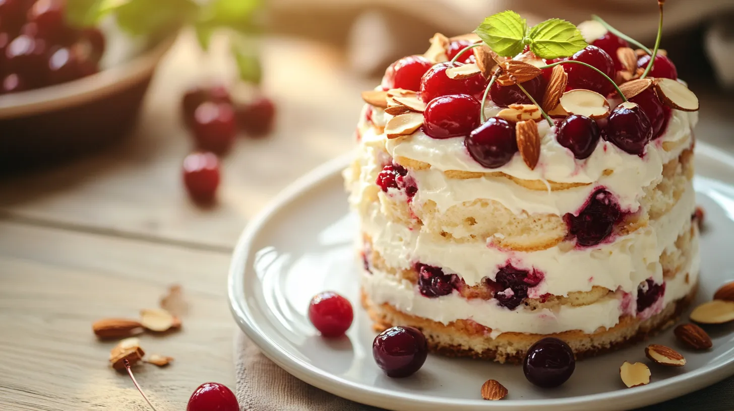 A perfectly layered Heaven on Earth Cake with creamy layers, cherry topping, and sliced almonds.