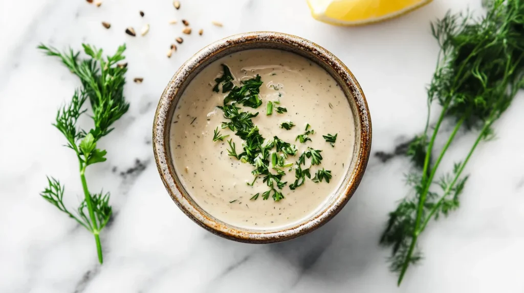 Herb-infused tahini yogurt sauce in a small bowl