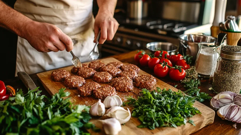 Homemade breakfast sausage being prepared with fresh herbs and spices.