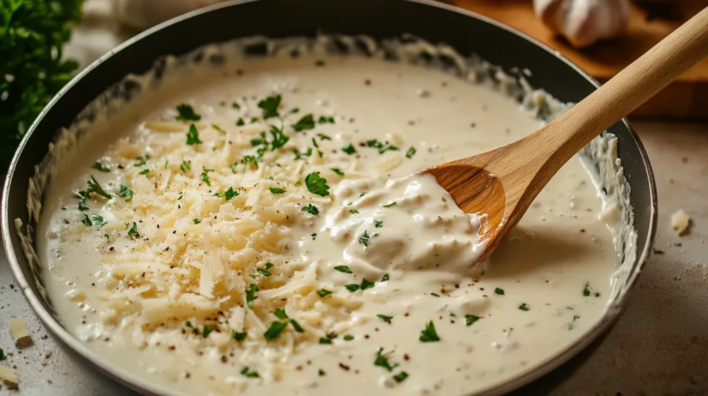 Homemade creamy Alfredo sauce in a skillet with garlic and Parmesan cheese.