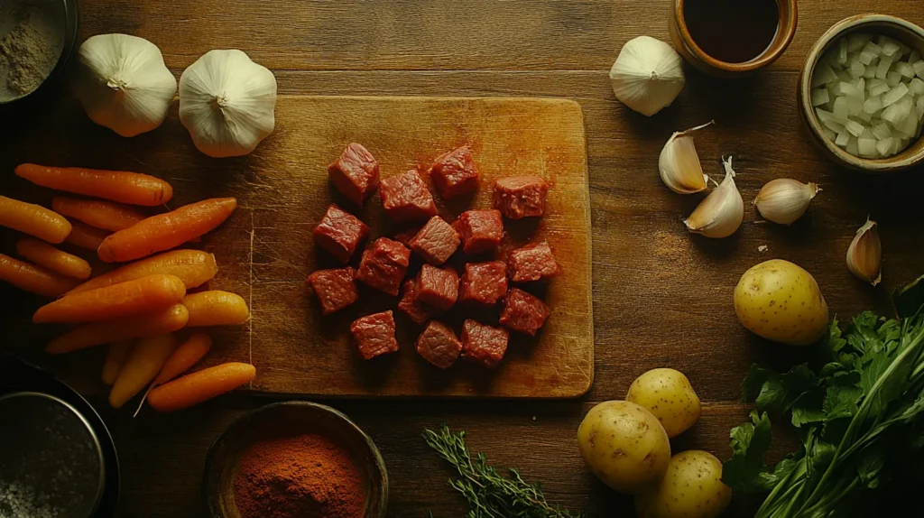 Fresh ingredients for authentic goulash recipe.