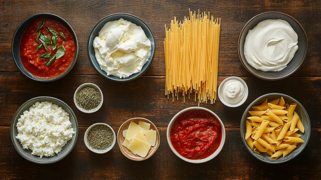 Ingredients for baked ziti and penne alla vodka laid out side by side