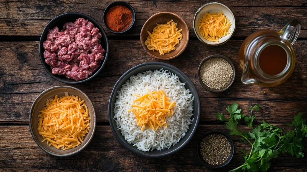  Ingredients for cheesy hamburger and rice slow cooker recipe arranged on a wooden table