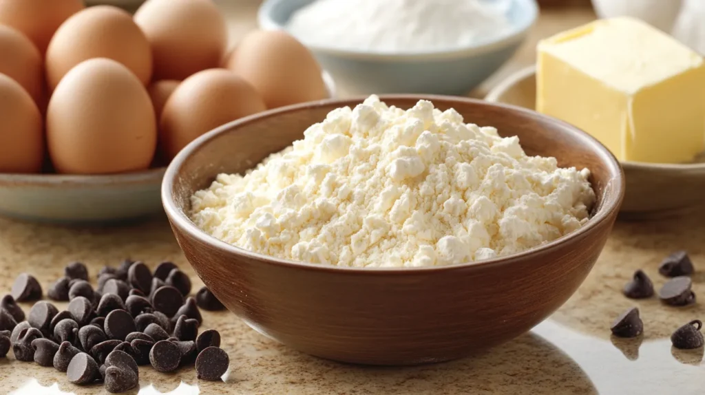 Ingredients for making chocolate chip bread arranged neatly on a countertop.