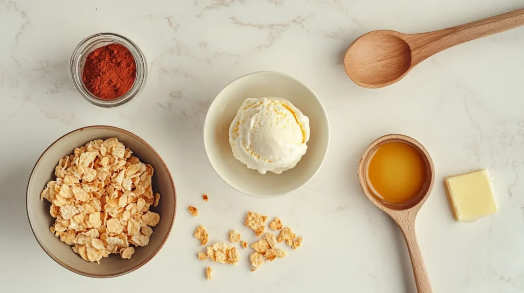 Ingredients for fried chicken ice cream, including cornflakes, vanilla ice cream, spices, and butter.